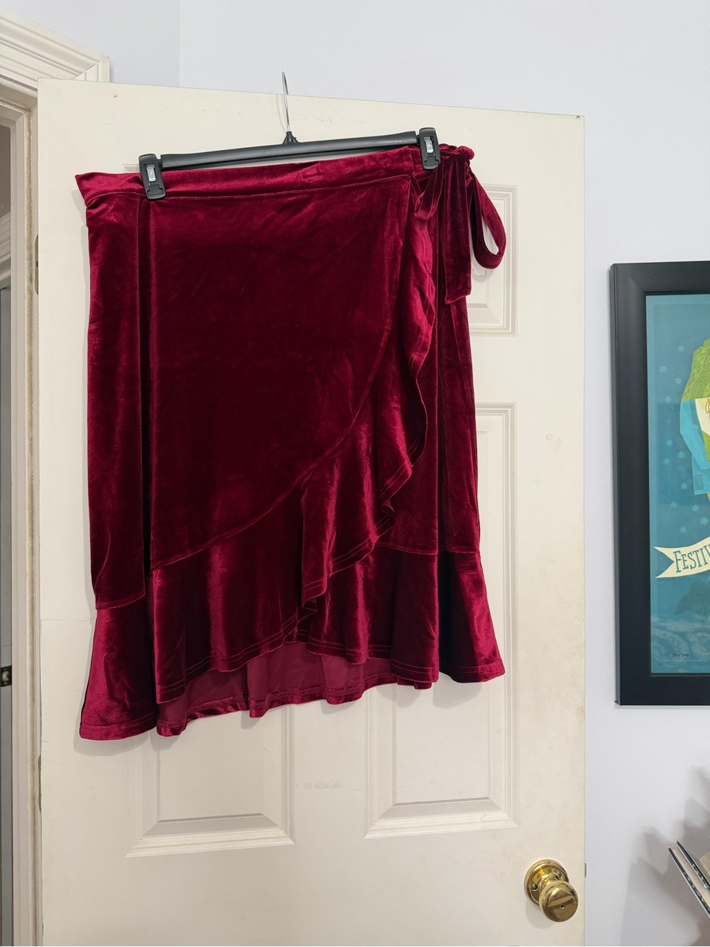 Asymmetrical Wine Red Velvet Wrap Skirt with Ruffle Hem